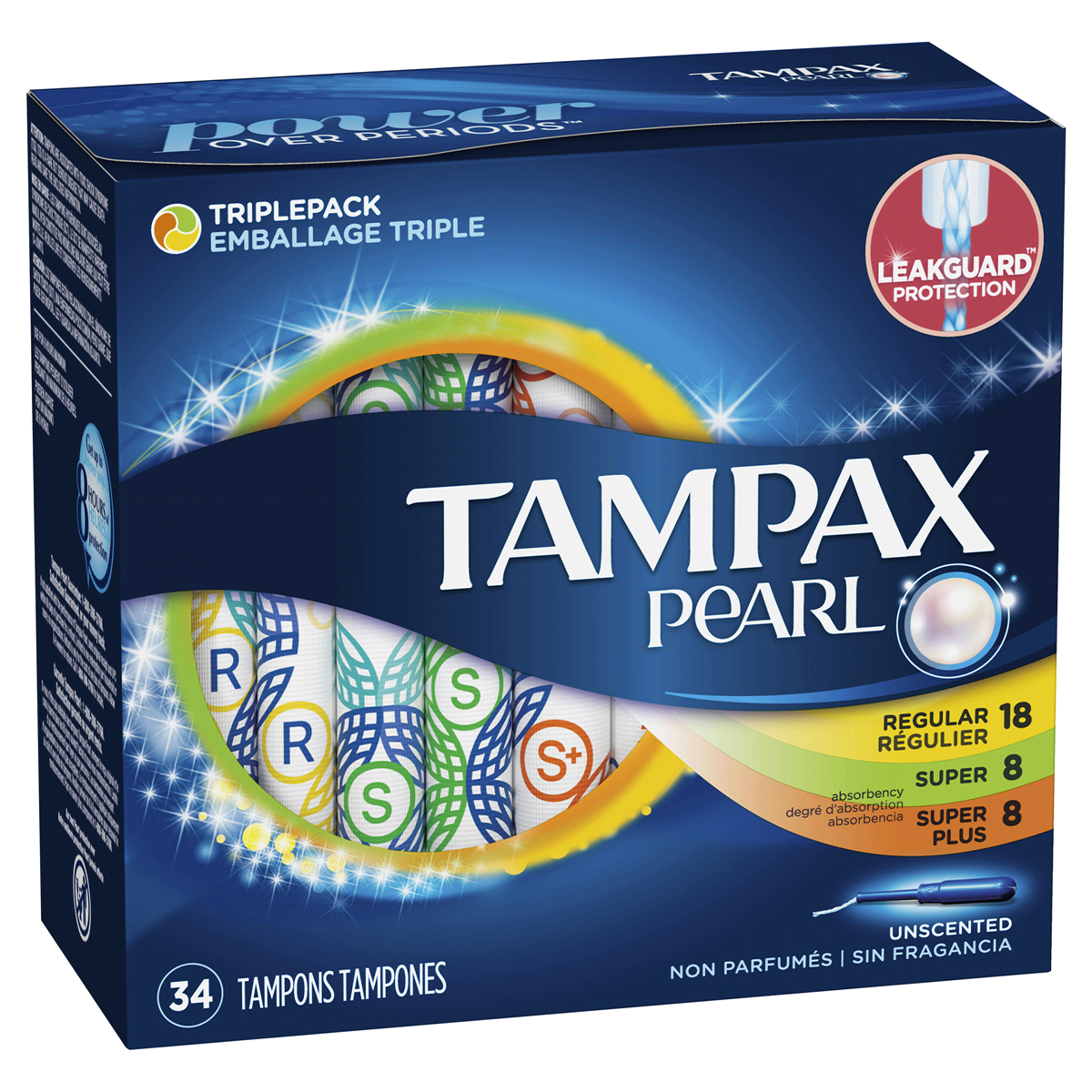 slide 2 of 7, Tampax Pearl Tampons Trio Pack, with LeakGuard Braid, Regular/Super/Super Plus Absorbency, Unscented, 34 Count, 34 ct