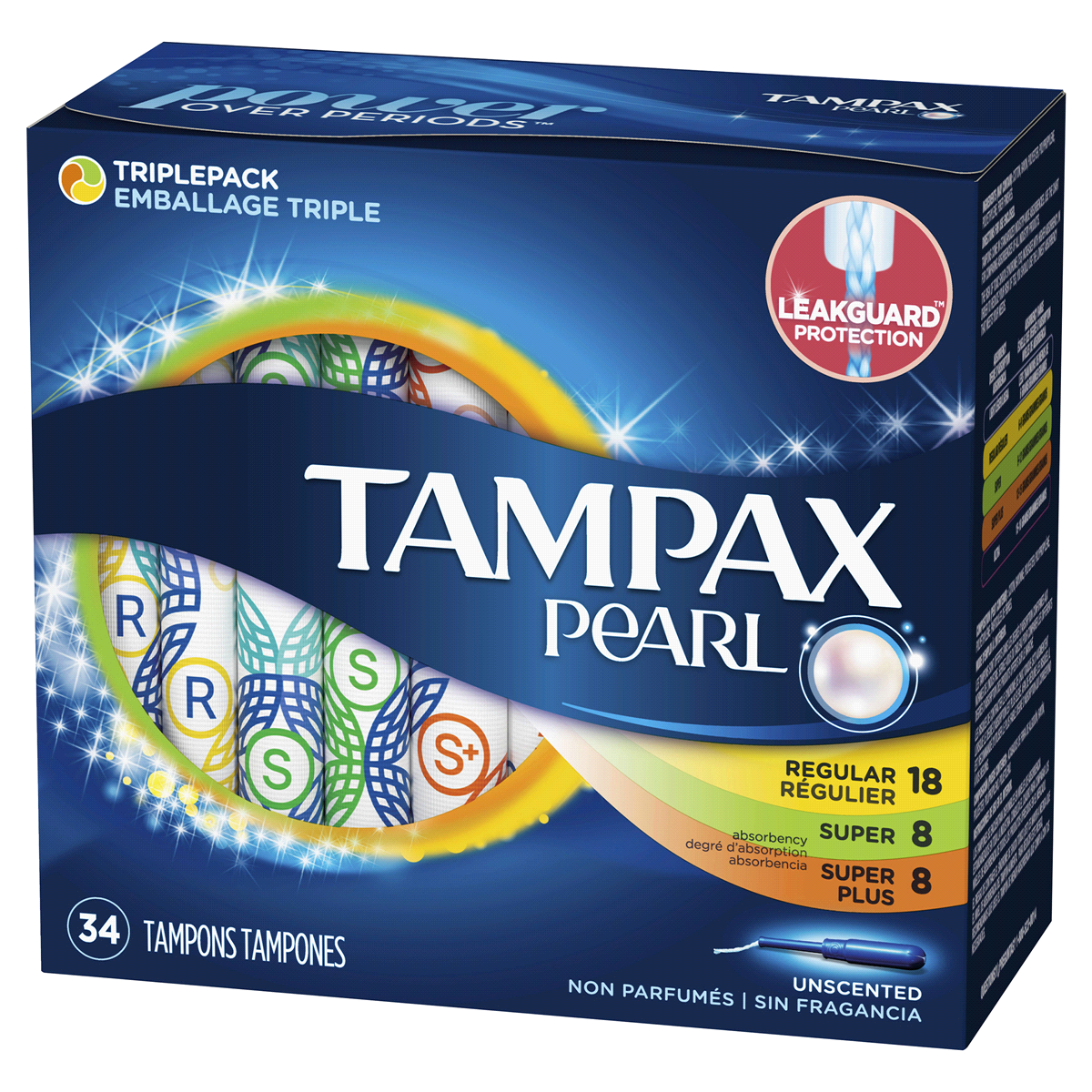 slide 3 of 7, Tampax Pearl Tampons Trio Pack, with LeakGuard Braid, Regular/Super/Super Plus Absorbency, Unscented, 34 Count, 34 ct