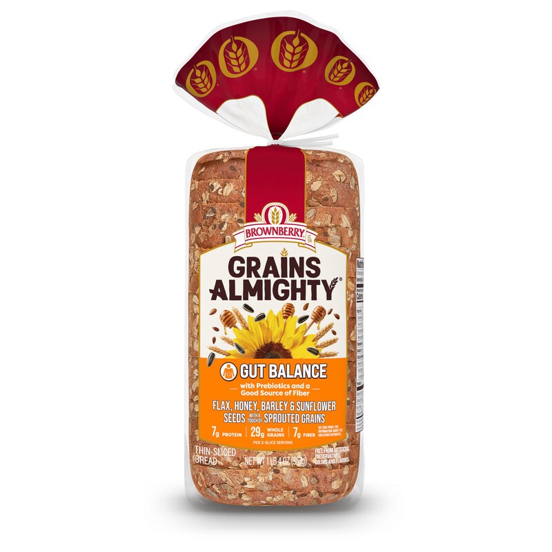 slide 3 of 5, Brownberry Grains Almighty Gut Balance Thin Sliced Bread, 20 oz, 567 g