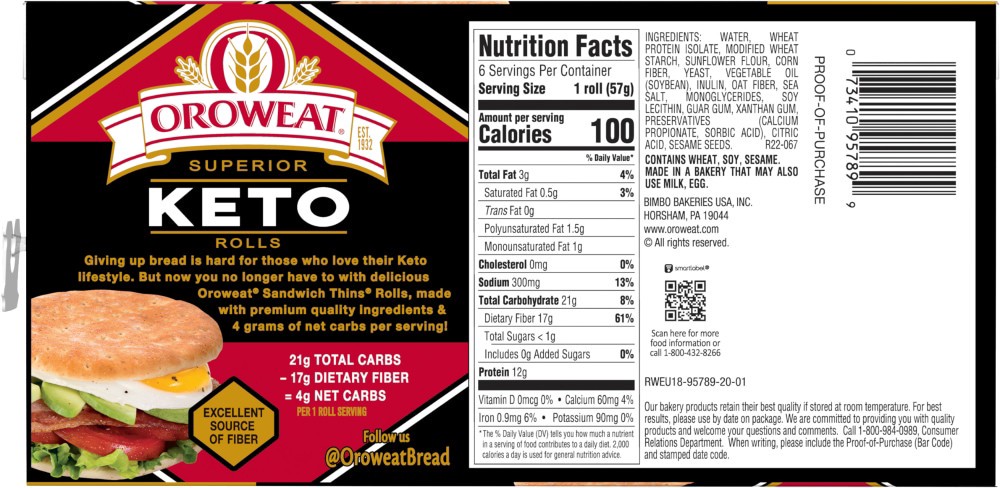slide 3 of 3, Oroweat Sandwich Thins Superior Keto Rolls, 6 count, 12 oz, 6 ct