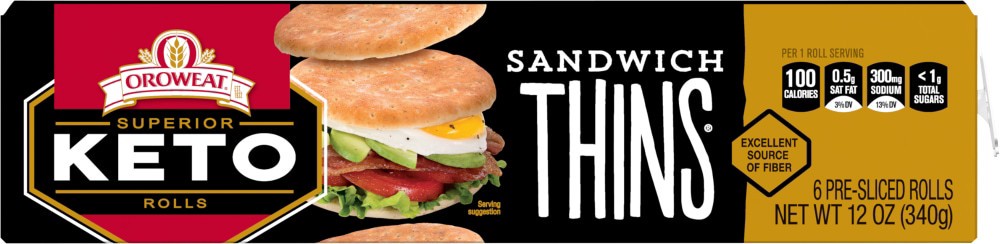 slide 2 of 2, Oroweat Sandwich Thins Superior Keto Rolls, 6 count, 12 oz, 6 ct