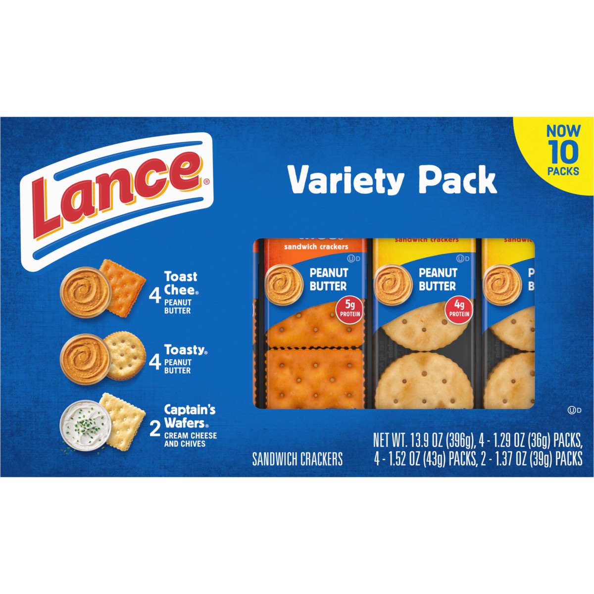 slide 4 of 11, Lance Sandwich Crackers, Variety Pack, 3 Flavors, 10 Individually Wrapped Packs, 6 Sandwiches Each, 13.900 oz