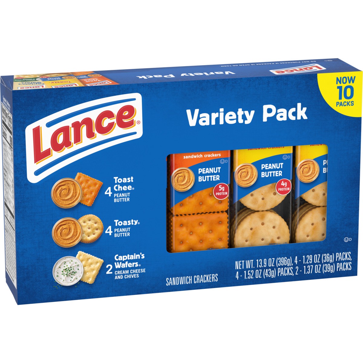 slide 11 of 11, Lance Sandwich Crackers, Variety Pack, 3 Flavors, 10 Individually Wrapped Packs, 6 Sandwiches Each, 13.900 oz