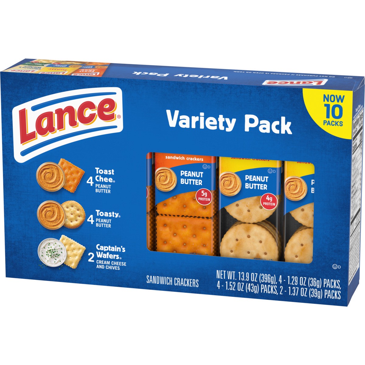 slide 7 of 11, Lance Sandwich Crackers, Variety Pack, 3 Flavors, 10 Individually Wrapped Packs, 6 Sandwiches Each, 13.900 oz