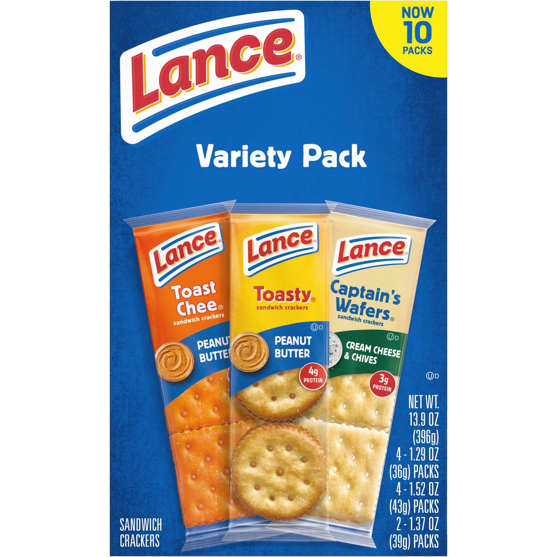 slide 3 of 5, Lance Sandwich Crackers, Variety Pack, 3 Flavors, 10 Individually Wrapped Packs, 6 Sandwiches Each, 13.900 oz
