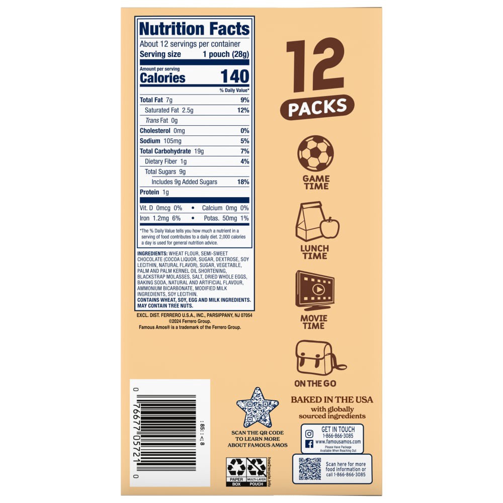 slide 3 of 5, Famous Amos Classic Bite-Size Chocolate Chip Cookies in a 12-Count Multipack, (12 oz), 12 ct