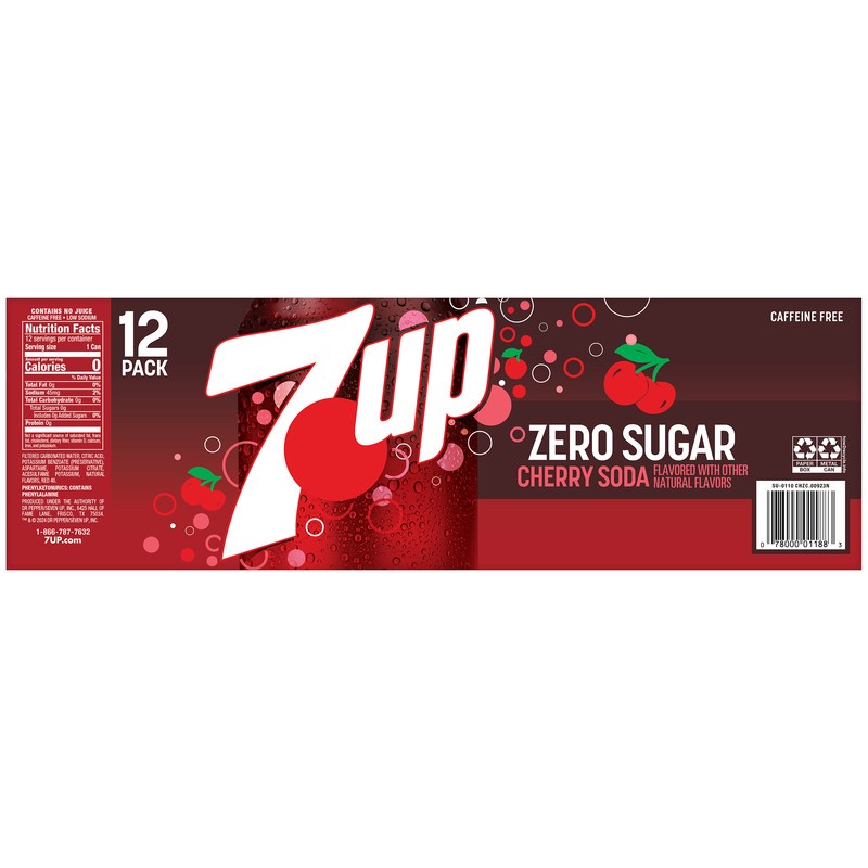 slide 4 of 5, 7UP Cherry Flavored Zero Sugar Soda, 12 fl oz cans, 12 pack, 12 ct; 12 oz
