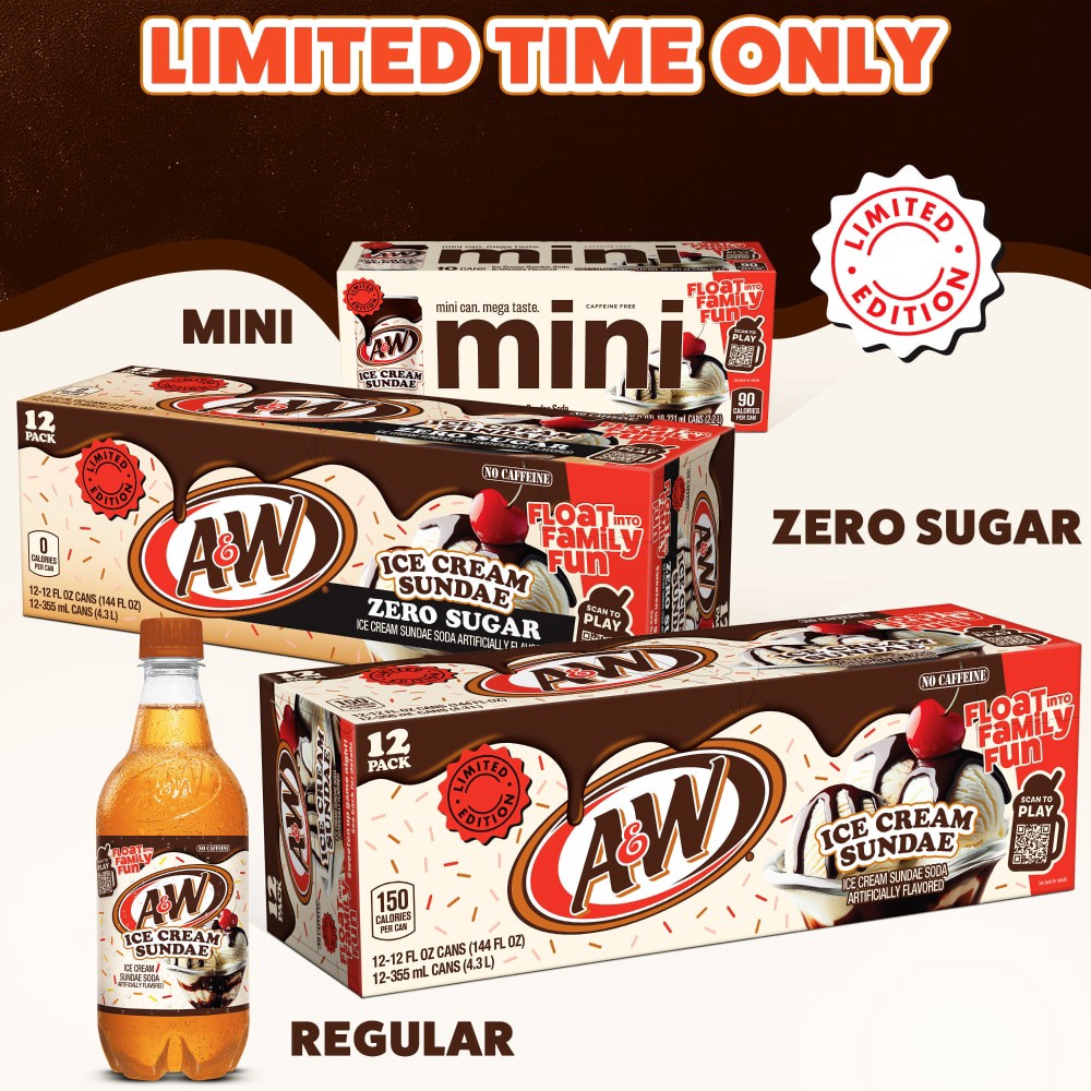 slide 2 of 6, A&W Ice Cream Sundae Soda, 7.5 fl oz mini cans, 10 pack, 10 ct