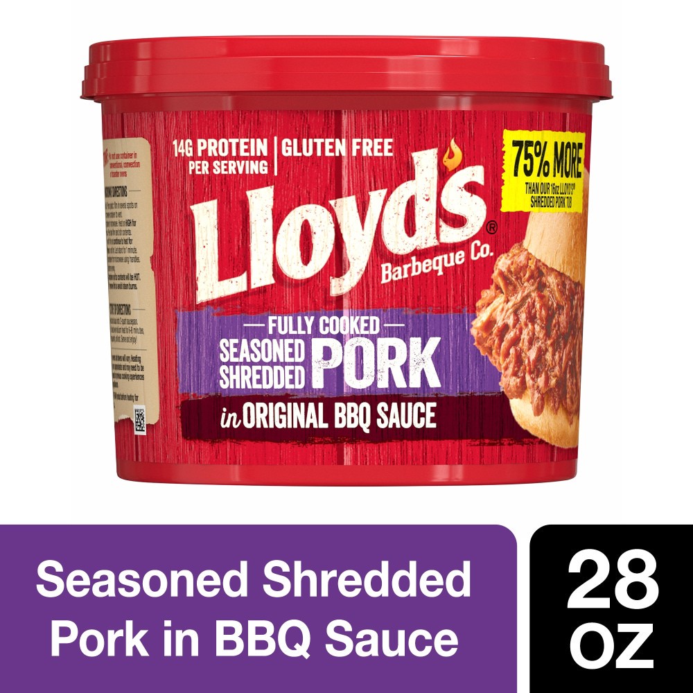 slide 1 of 1, LLOYD's Shredded Pulled Pork in Barbecue Sauce, Fully Cooked 28 oz, Plastic tub, NT WT 28oz (1.75 LB) 794g, 28 oz