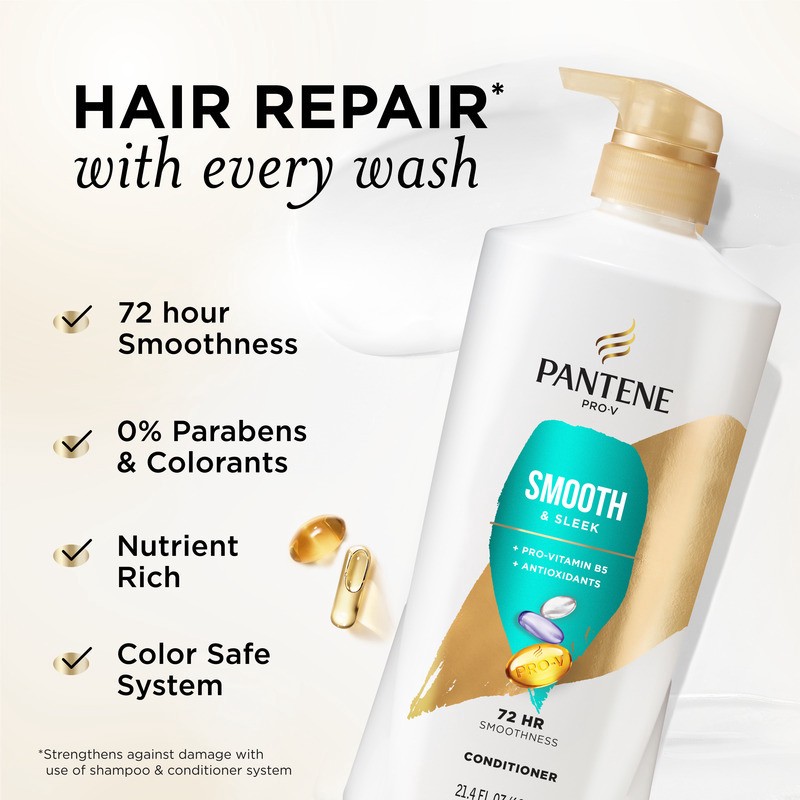 slide 2 of 4, PANTENE PRO-V Smooth & Sleek Conditioner, 21.4 oz, 21.40 fl oz