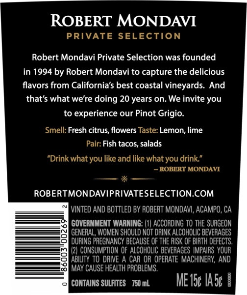 slide 2 of 3, Robert Mondavi Private Selection Pinot Grigio White Wine, 750 ml