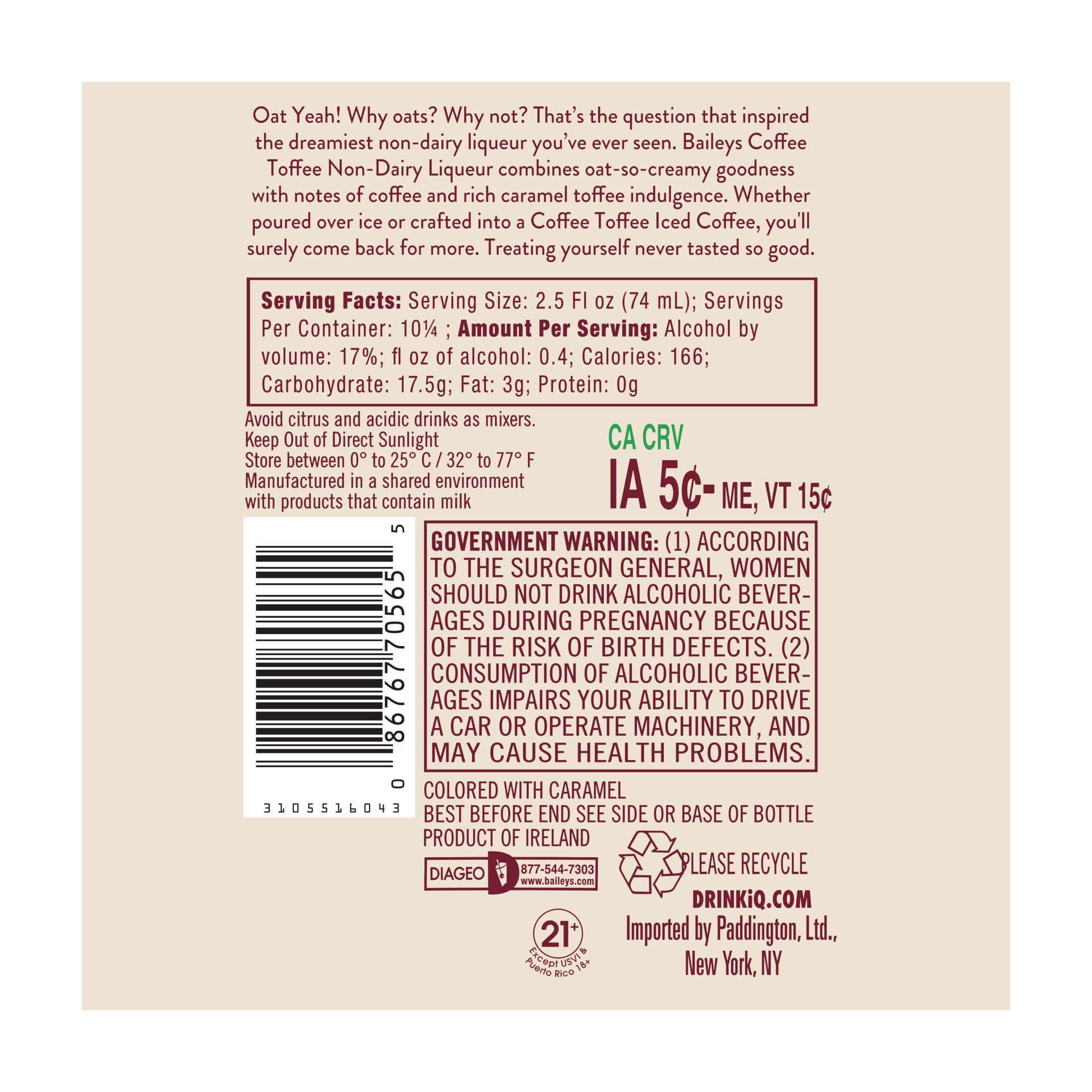 slide 3 of 3, Bailey's Coffee Toffee Non-Dairy Liqueur Made with Oat Milk 750mL, 750 ml