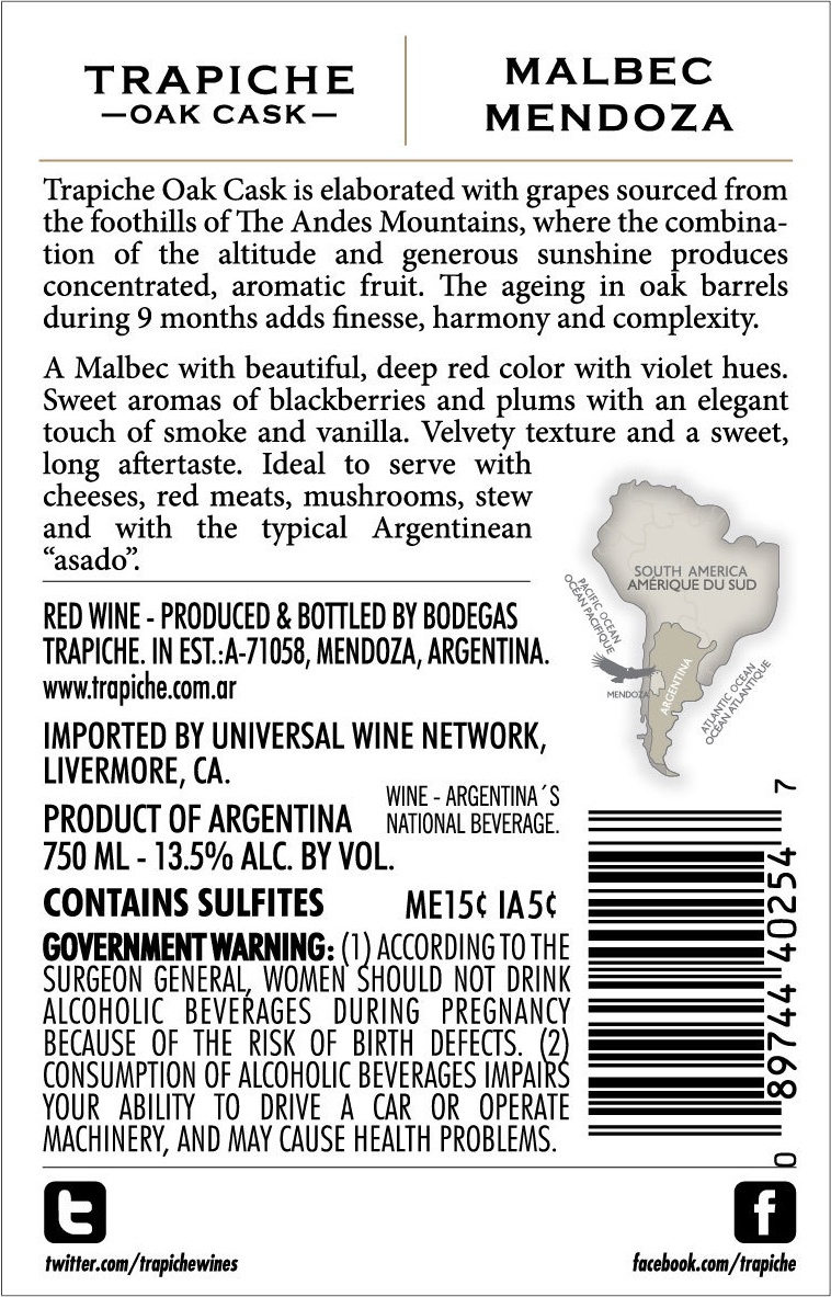 slide 3 of 5, Trapiche™ Oak Cask Malbec Red Wine - 750ml, 2017 Mendoza, Argentina, 25.36 fl oz