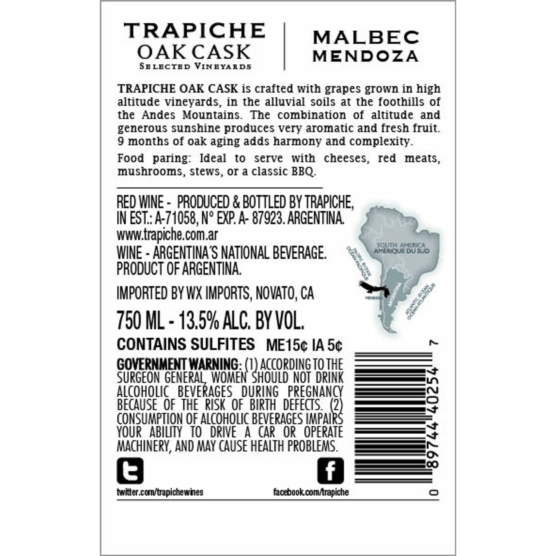 slide 4 of 4, Trapiche Oak Cask Malbec, 750 ml