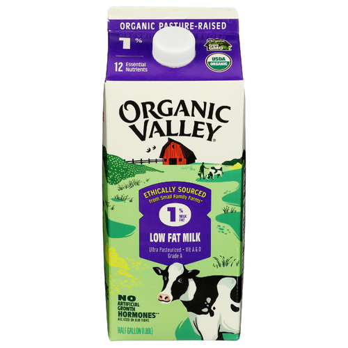 slide 1 of 1, Organic Valley 1% Milk, 64 FOZ 1/2 GALLON