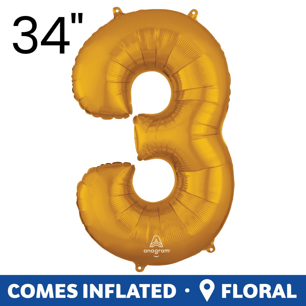 slide 5 of 5, Gold Number 3 Helium Filled Balloon - 34 Inches Big, 1 ct