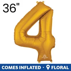 GOLD NUMBER 4 Helium Filled Balloon - 34 inches BIG, 1 ct