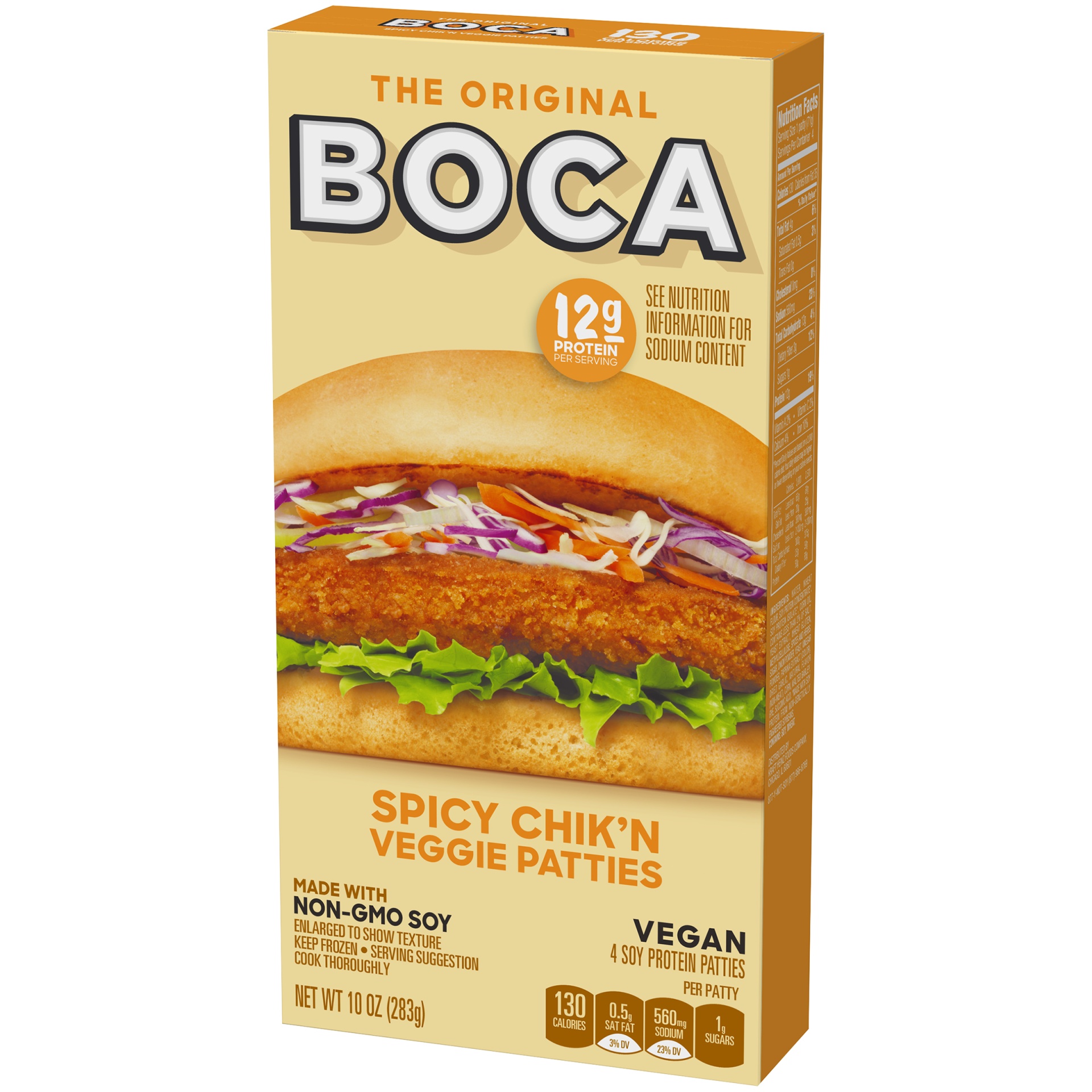 slide 3 of 6, BOCA Spicy Vegan Chicken Flavored Veggie Patties with Non-GMO Soy, 10 oz