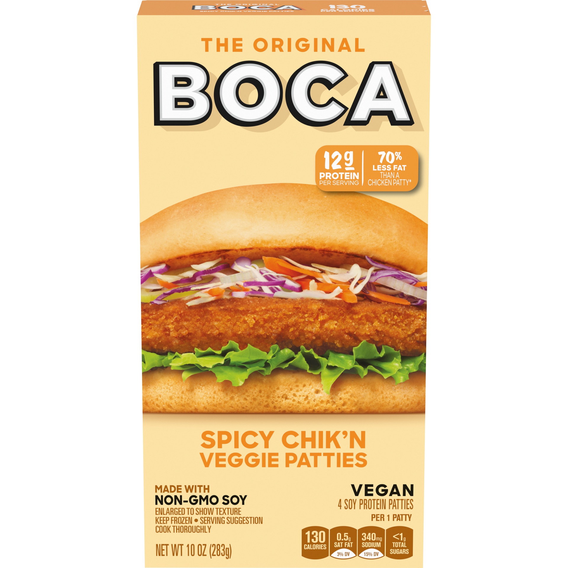 slide 1 of 6, BOCA Spicy Vegan Chicken Flavored Veggie Patties with Non-GMO Soy, 10 oz