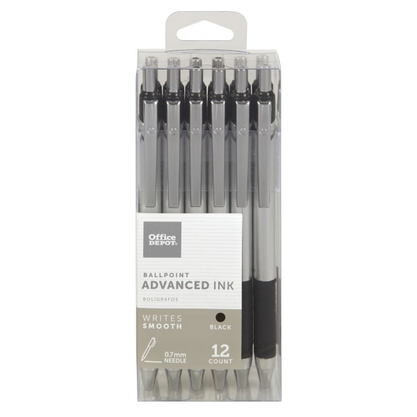 slide 1 of 2, Office Depot Brand Advanced Ink Retractable Ballpoint Pens, Needle Point, 0.7 Mm, Silver Barrel, Black Ink, Pack Of 12, 12 ct