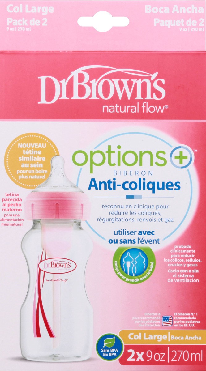 slide 6 of 9, Dr. Brown's Natural Flow Options+ 2-Pack Anti-Colic Wide-Neck 0m+ 9 Ounce Bottle 2 ea, 2 ct