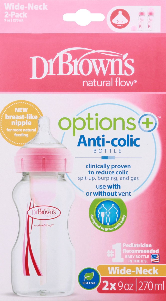 slide 9 of 9, Dr. Brown's Natural Flow Options+ 2-Pack Anti-Colic Wide-Neck 0m+ 9 Ounce Bottle 2 ea, 2 ct