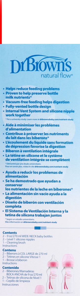 slide 5 of 9, Dr. Brown's Natural Flow Options+ 2-Pack Anti-Colic Wide-Neck 0m+ 9 Ounce Bottle 2 ea, 2 ct