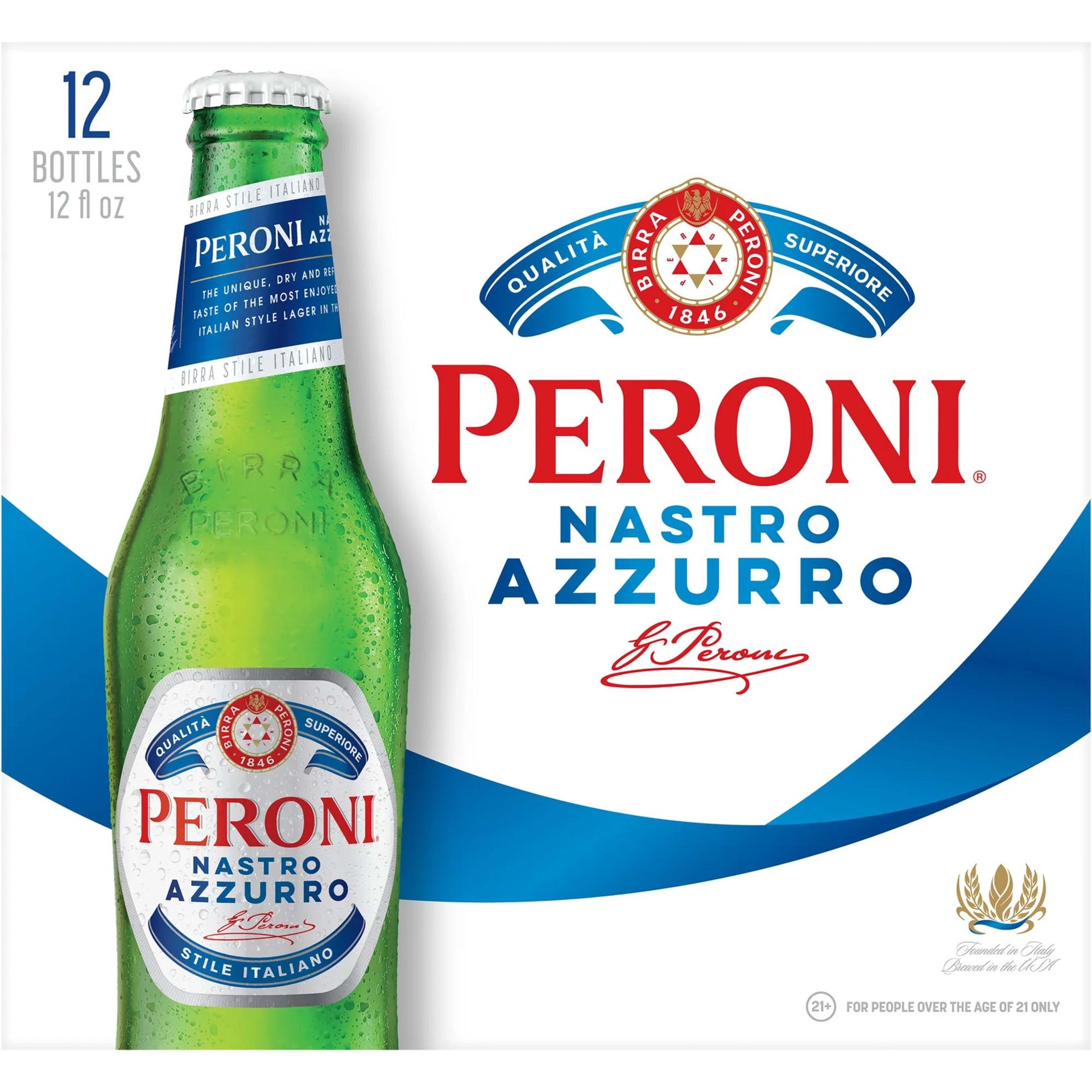 slide 2 of 3, Peroni Nastro Azzurro is an Italian lager beer with a crisp and refreshing taste and subtle citrus aroma. Light and clean like a pilsner beer, this import beer is a crisp and refreshing European lager with a delicate balance of bitterness and citrus., 12 ct; 11 oz
