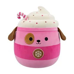 Squishmallows Pink Dog Hot Chocolate with Candy Cane and Snowflake Logo