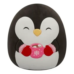 Squishmallows Black Penguin with Closed Eyes Holding Latte