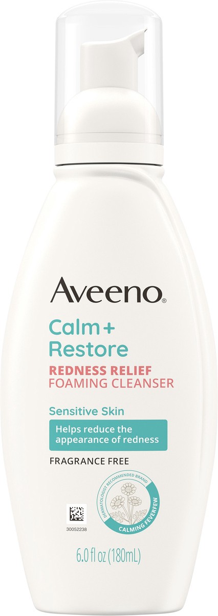 slide 3 of 7, Aveeno Calm + Restore Redness Relief Foaming Cleanser, Daily Facial Cleanser With Calming Feverfew to Help Reduce the Appearance of Redness, Hypoallergenic & Fragrance-Free, 6 fl. oz, 6 fl oz