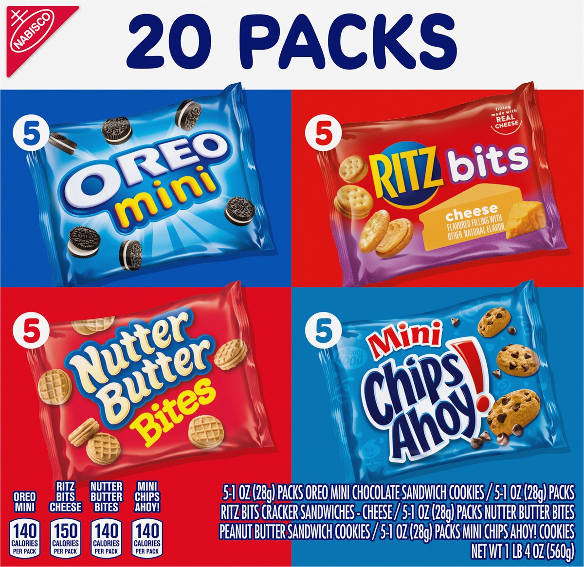 slide 4 of 9, Chips Ahoy!/Nutter Butter/Oreo/Ritz Nabisco Classic Mix Variety Pack, OREO Mini, CHIPS AHOY! Mini, Nutter Butter Bites, RITZ Bits Cheese, 20 Snack Packs, 20 oz