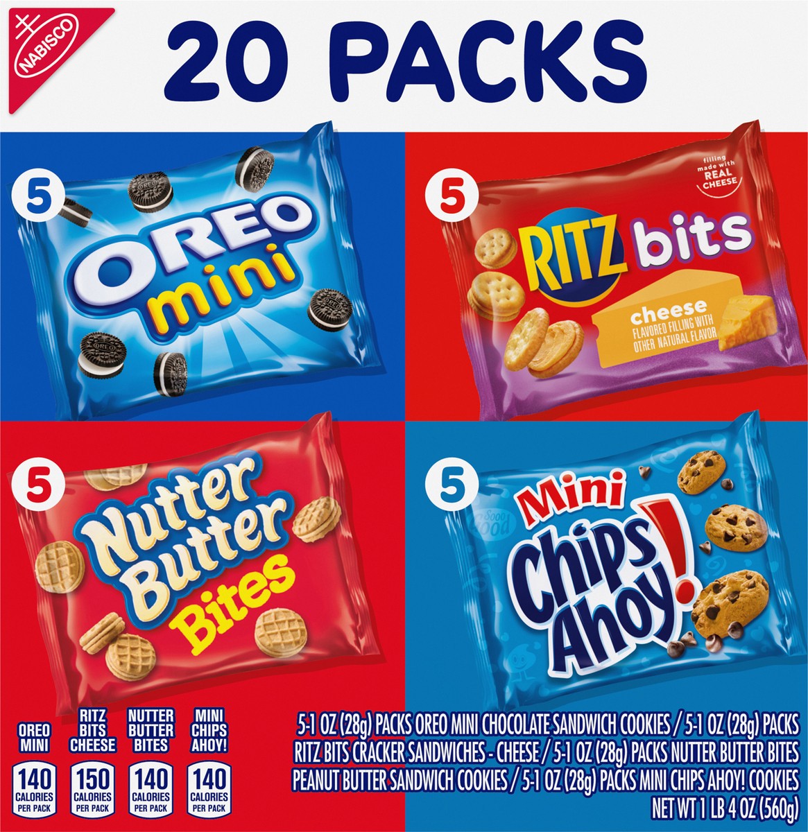 slide 2 of 9, Chips Ahoy!/Nutter Butter/Oreo/Ritz Nabisco Classic Mix Variety Pack, OREO Mini, CHIPS AHOY! Mini, Nutter Butter Bites, RITZ Bits Cheese, 20 Snack Packs, 20 oz