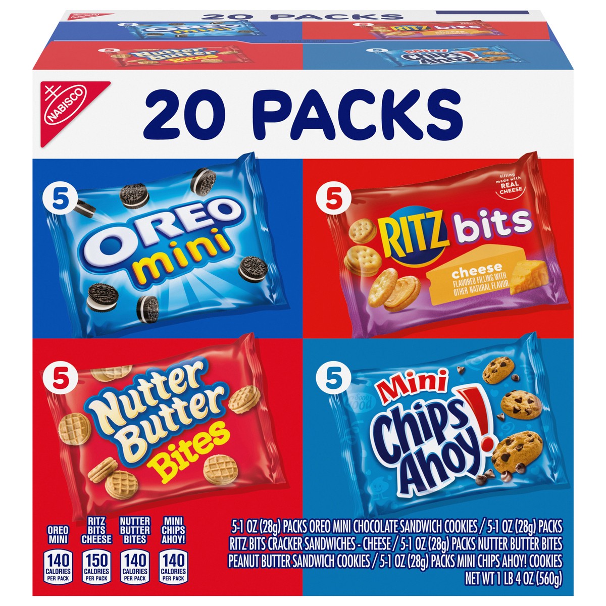 slide 1 of 9, Nabisco Classic Mix Variety Pack, OREO Mini, CHIPS AHOY! Mini, Nutter Butter Bites, RITZ Bits Cheese, 20 Snack Packs, 20 ct