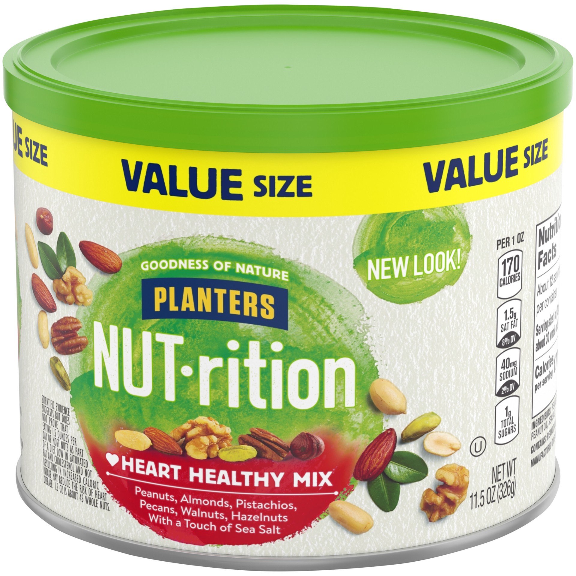 slide 4 of 5, Planters NUT-rition Heart Healthy Value Size Nut Mix with Peanuts, Almonds, Pistachios, Pecans, Walnuts, Hazelnuts & Sea Salt, 11.5 oz Canister, 11.5 oz