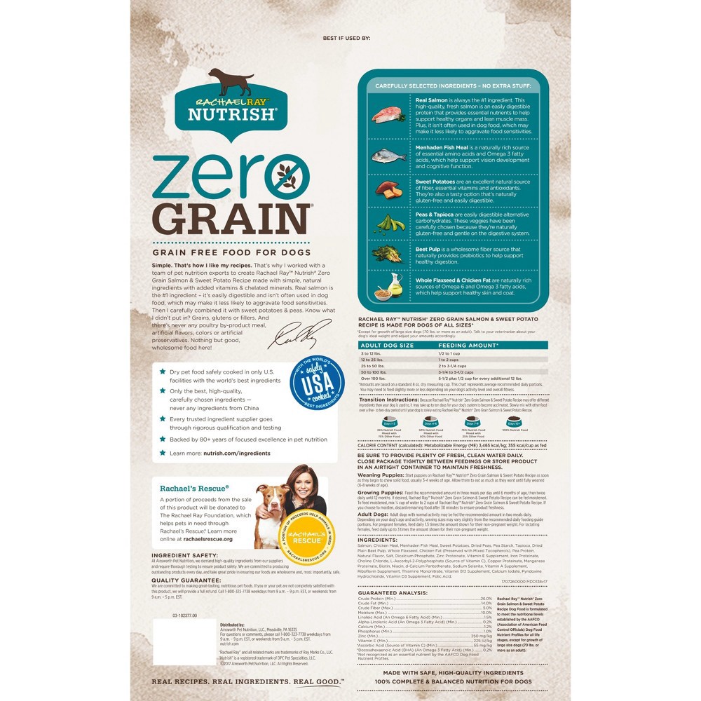 slide 2 of 2, Rachael Ray Nutrish Zero Grain Salmon & Sweet Potato Recipe, Dry Dog Food, 12lb Bag, 12 lb