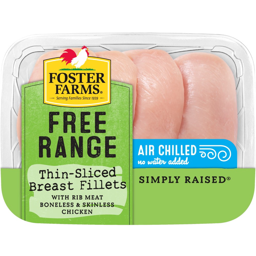slide 4 of 6, Foster Farms Simply Raised Thin-Sliced Boneless Skinless Chicken Breast Fillets, per lb
