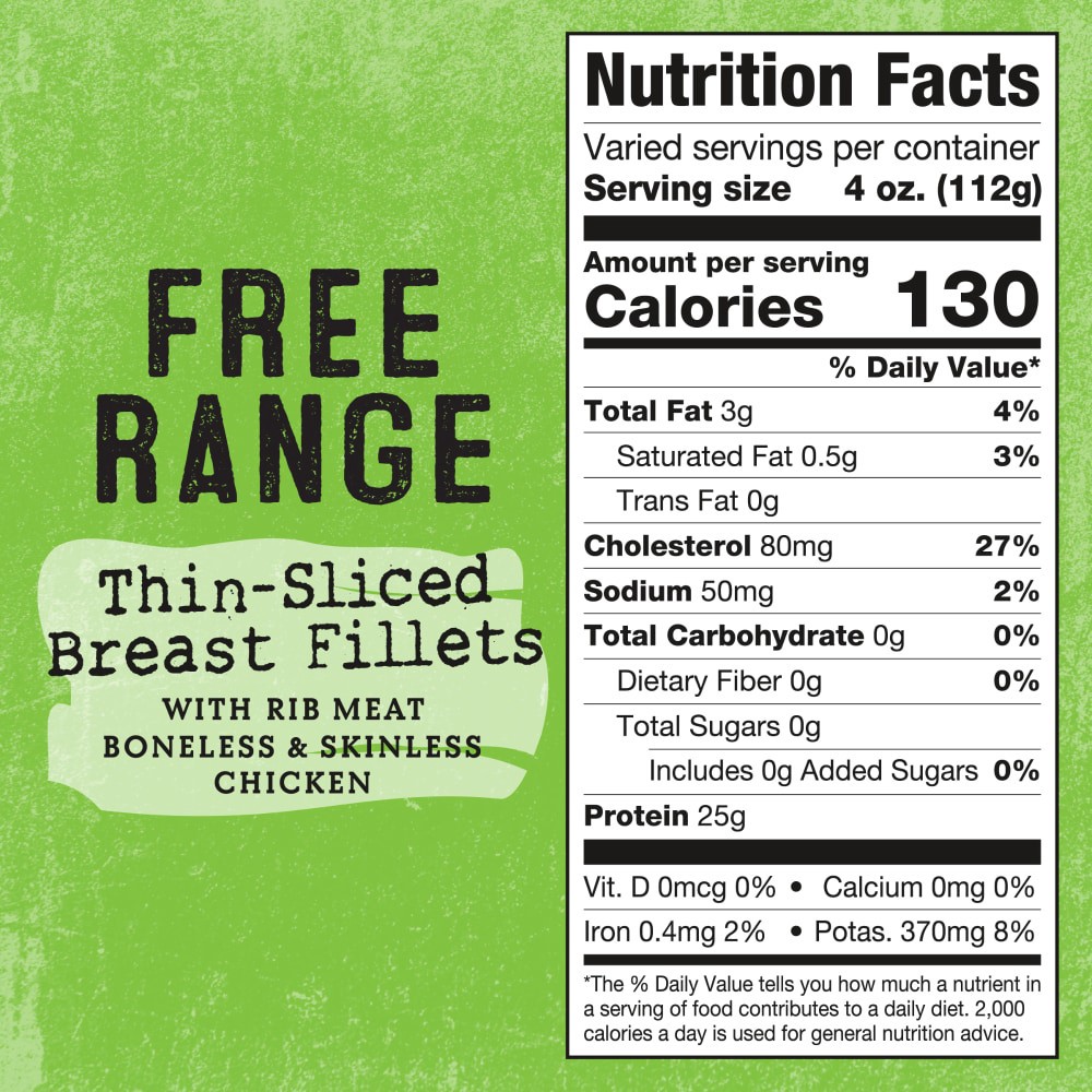 slide 2 of 6, Foster Farms Simply Raised Thin-Sliced Boneless Skinless Chicken Breast Fillets, per lb