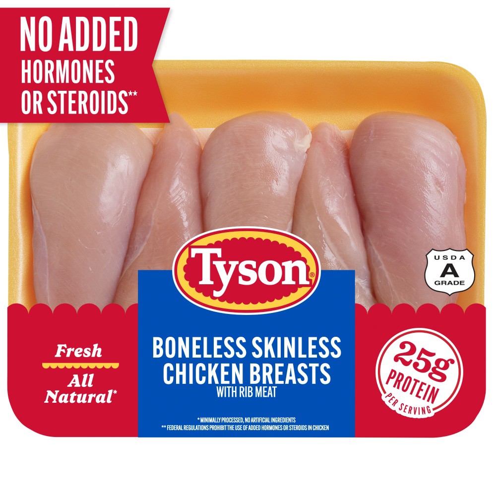 slide 1 of 6, Tyson® All Natural Fresh Boneless Skinless Chicken Breasts with Rib Meat, 3.0 LB, per lb