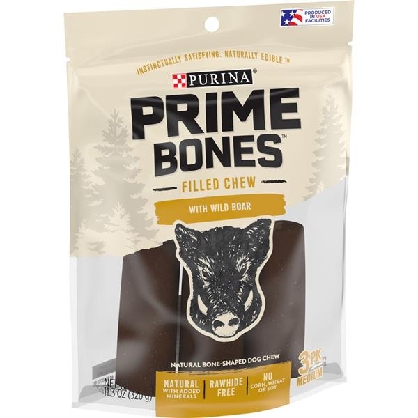 slide 1 of 5, Purina Prime Bones Filled Chew With Wild Boar Natural Medium Dog Treats, 3 ct; 11.3 oz