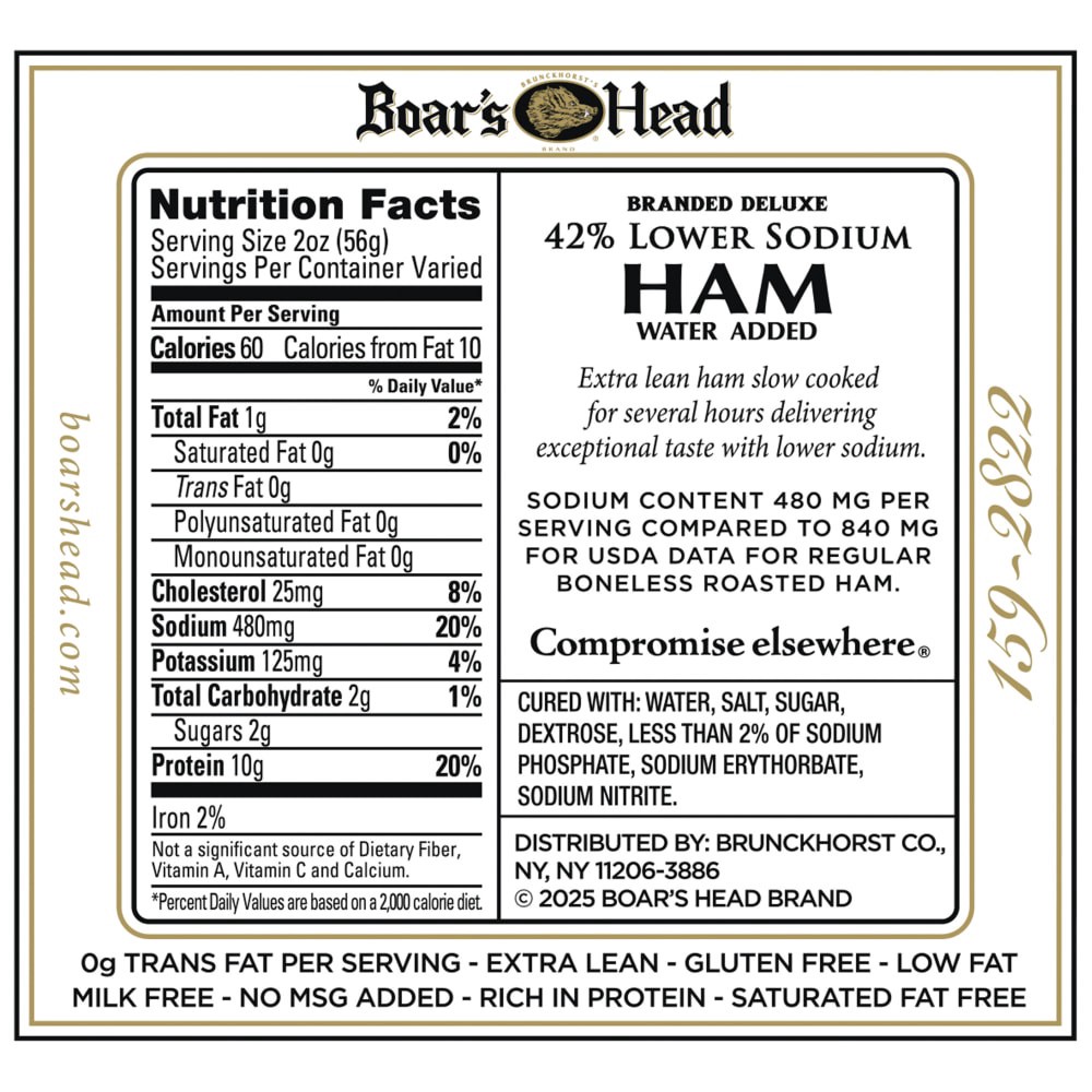 slide 5 of 6, Boar's Head Branded Deluxe Low Sodium Ham, per lb