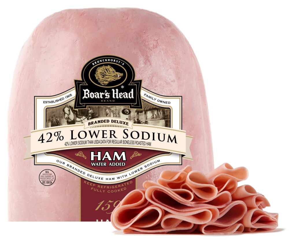 slide 1 of 2, Boar's Head Branded Deluxe Low Sodium Ham, per lb