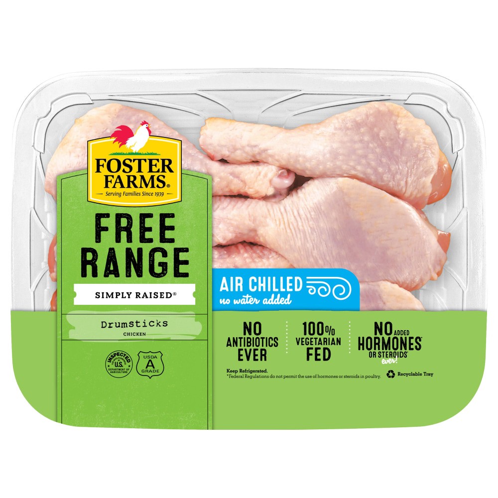 slide 1 of 1, Foster Farms Free Range Simply Raised Chicken Drumsticks, 1 pk, per lb