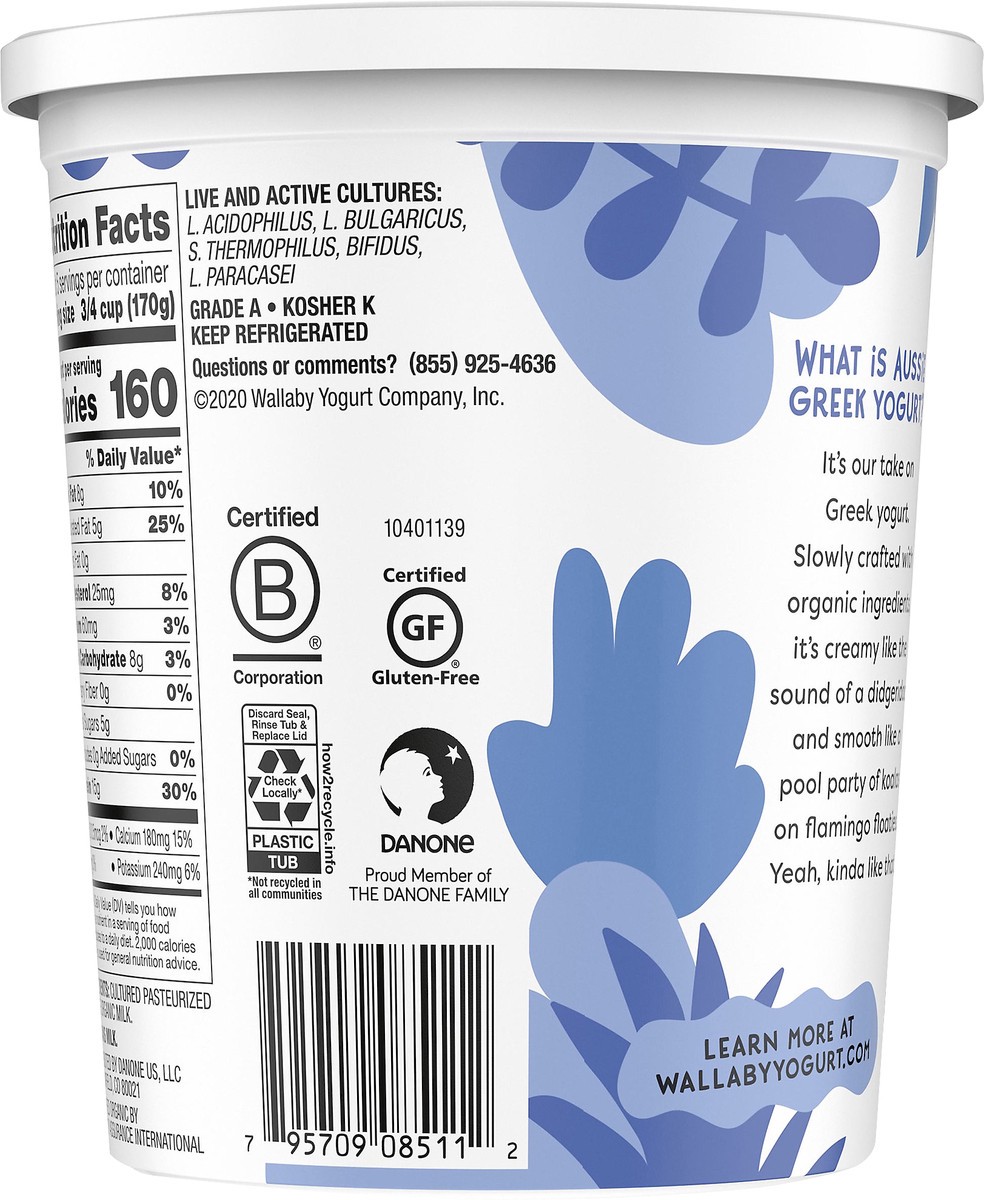 slide 4 of 7, Wallaby Organic Aussie Greek Whole Milk Yogurt, Plain, USDA Organic, 32 oz., 32 fl oz