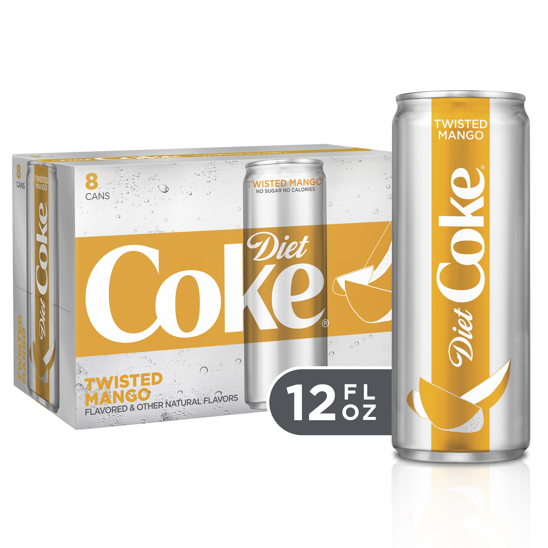 slide 1 of 7, Diet Coke Twisted Mango Soda Soft Drink- 96 fl oz, 8 ct; 12 fl oz