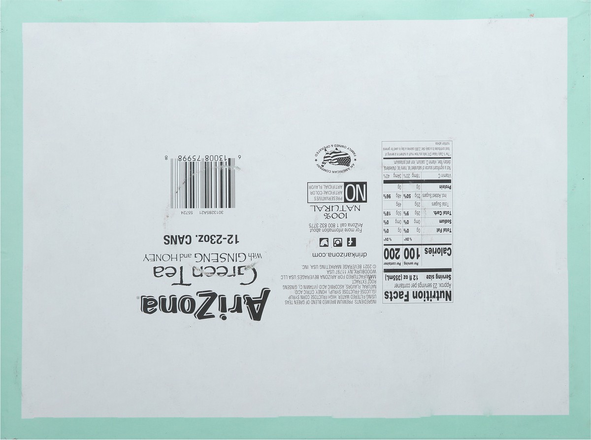 slide 8 of 14, AriZona 12 Pack with Ginseng and Honey Green Tea 12 - 23 fl oz Cans - 12 ct, 12 ct; 23 fl oz