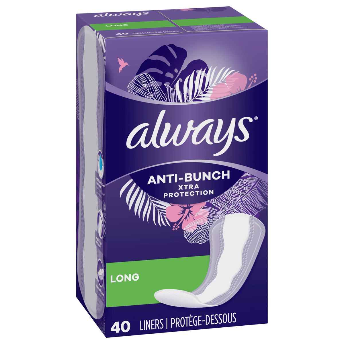 slide 2 of 8, Always Anti-Bunch Xtra Protection Daily Liners Long Unscented, Anti Bunch Helps You Feel Comfortable, 40 Count, 1 ct