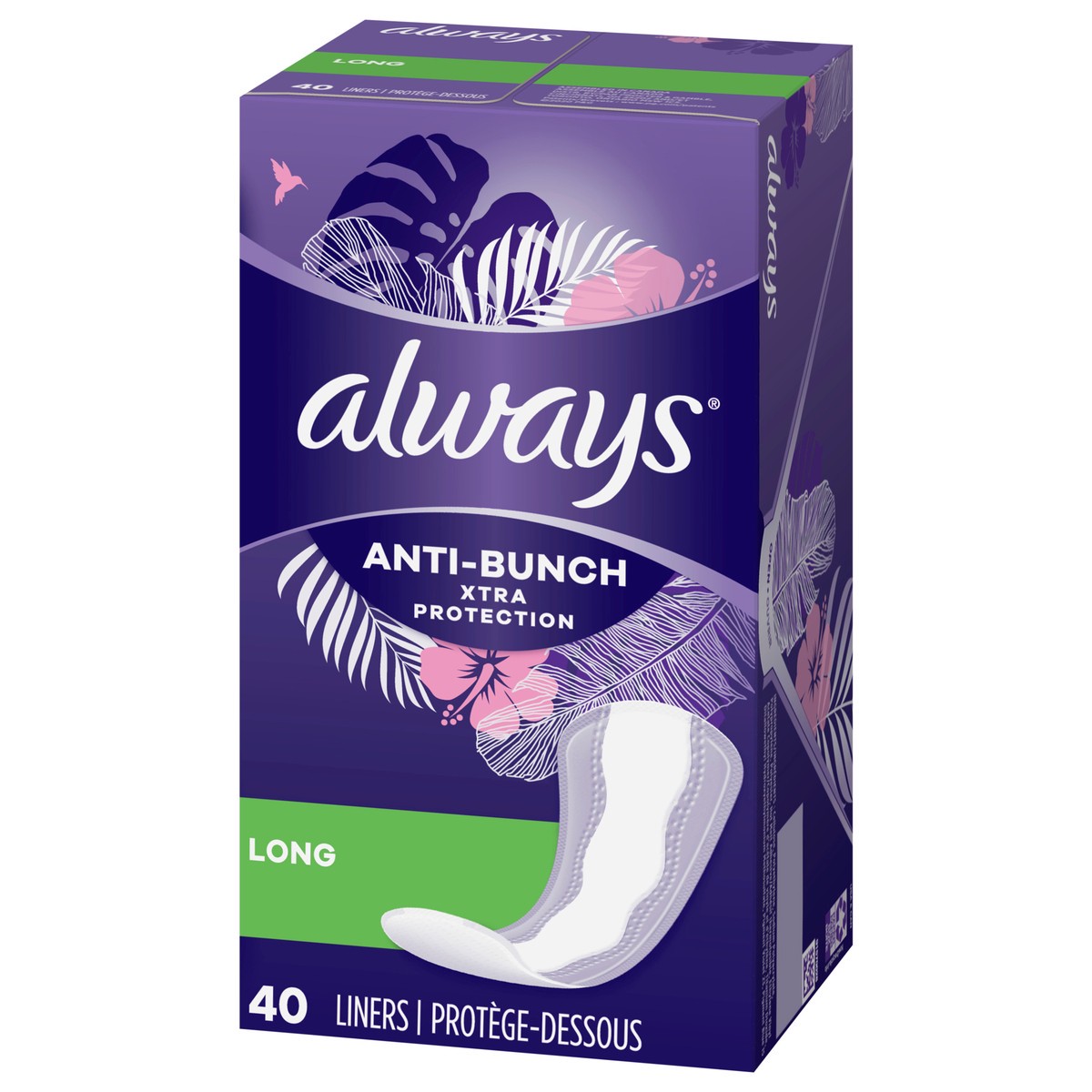 slide 3 of 8, Always Anti-Bunch Xtra Protection Daily Liners Long Unscented, Anti Bunch Helps You Feel Comfortable, 40 Count, 1 ct