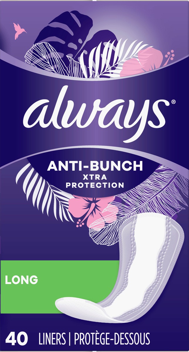 slide 5 of 8, Always Anti-Bunch Xtra Protection Daily Liners Long Unscented, Anti Bunch Helps You Feel Comfortable, 40 Count, 1 ct