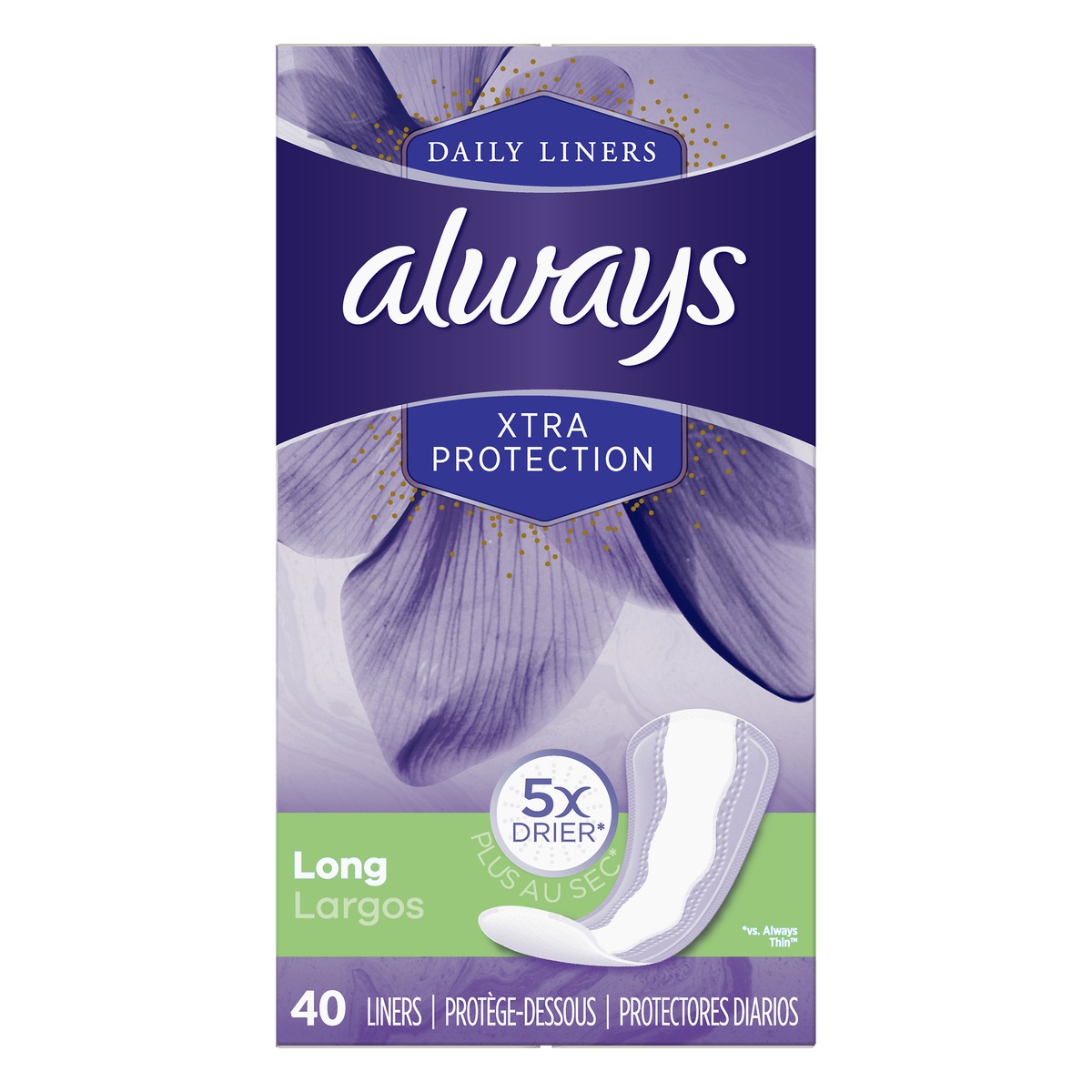 slide 1 of 1, Always Xtra Protection Long Daily Liners, 40 ct